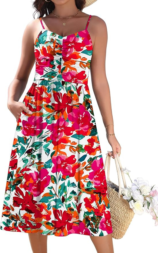 Zeagoo Women 2026 Summer Adjustable Spaghetti Strap Sundress Casual Ruched Floral V Neck Midi Flo... | Amazon (US)