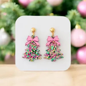 Christmas Tree Earrings, Pink and Green Christmas Tree Earrings, Bow Christmas Tree Holiday Earri... | Etsy (Global)