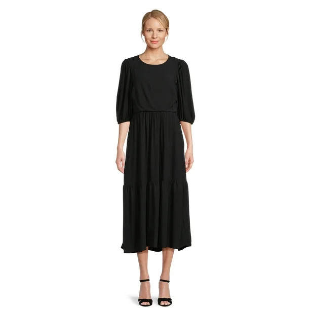 Time and Tru Women's Tie-Back Midi Dress with Elbow Length Sleeves, Sizes XS-XXXL | Walmart (US)