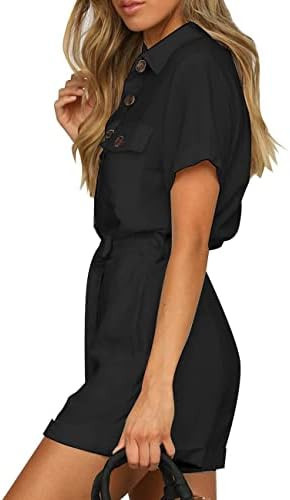 Vetinee Womens Summer Pockets Belted Romper Button Short Sleeve Jumpsuit Playsuit | Amazon (US)