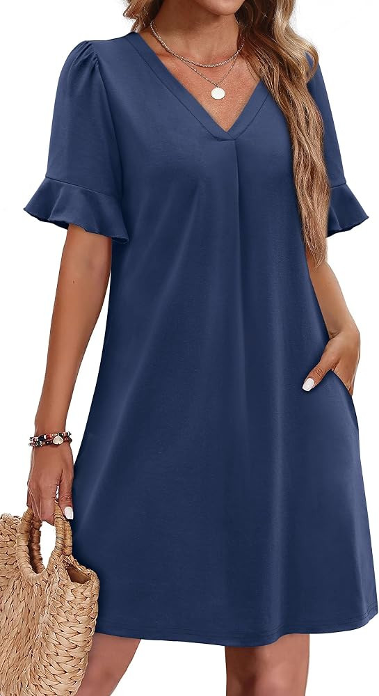 OFEEFAN Summer Dresses for Women Ruffle Short Sleeve V Neck Casual Shift Dress with Pockets | Amazon (US)