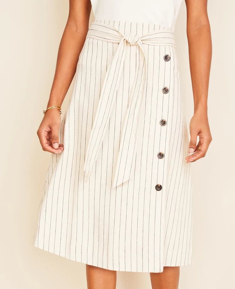 Striped Button Trim Tie Waist Midi Skirt | Ann Taylor (US)