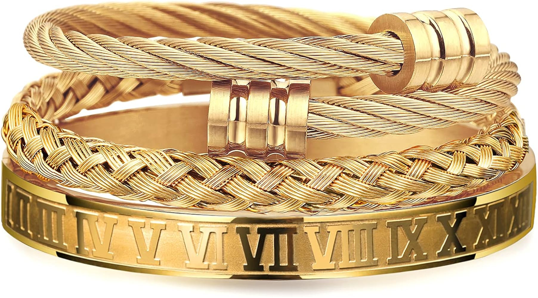WFYOU 3PCS Stainless Steel Bracelets for Men Gold Roman Numeral Bangle Bracelet Twisted Cable Bra... | Amazon (US)