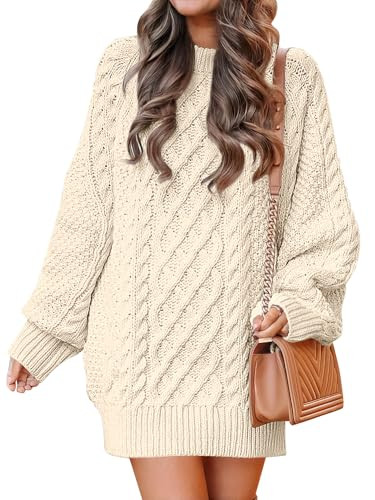 ANRABESS Womens Sweater Dress Oversized Cable Knit Chunky Long Sleeve Short Dresses 2025 Fall Outfits Vacation Winter Clothes Beige Medium | Amazon (US)