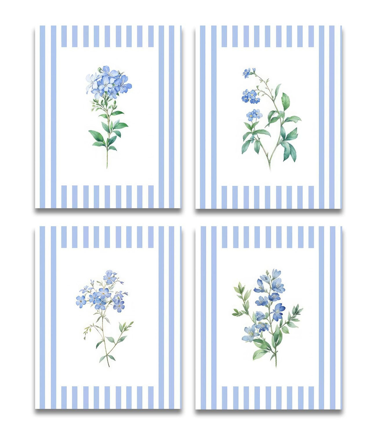 BWDDWB Blue Floral wall art set of 4 Vintage Blue and White Striped Floral Rustic Cottagecore Bot... | Amazon (US)