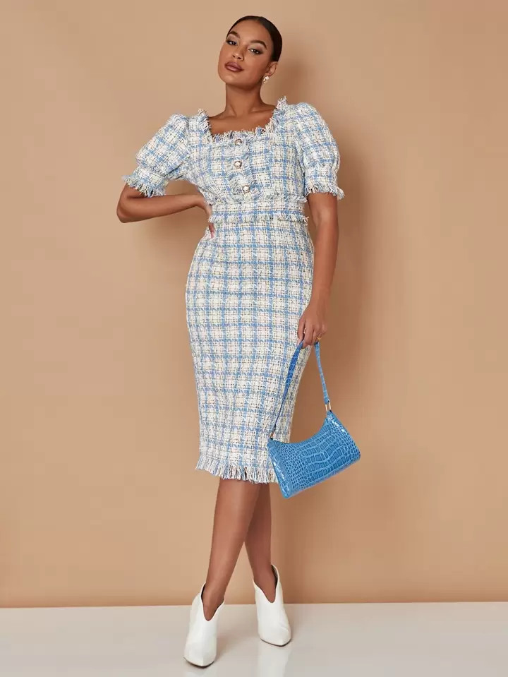 SHEIN Privé Plaid Square Neck Ruffle Trim Split Back Tweed Dress | SHEIN