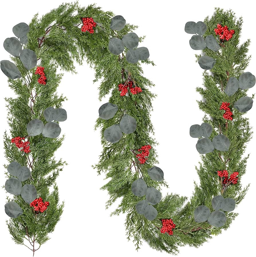 6.6Ft Artificial Cedar Christmas Garland Realistic Cypress Pine Needles Garland with Red Berrieie... | Amazon (US)