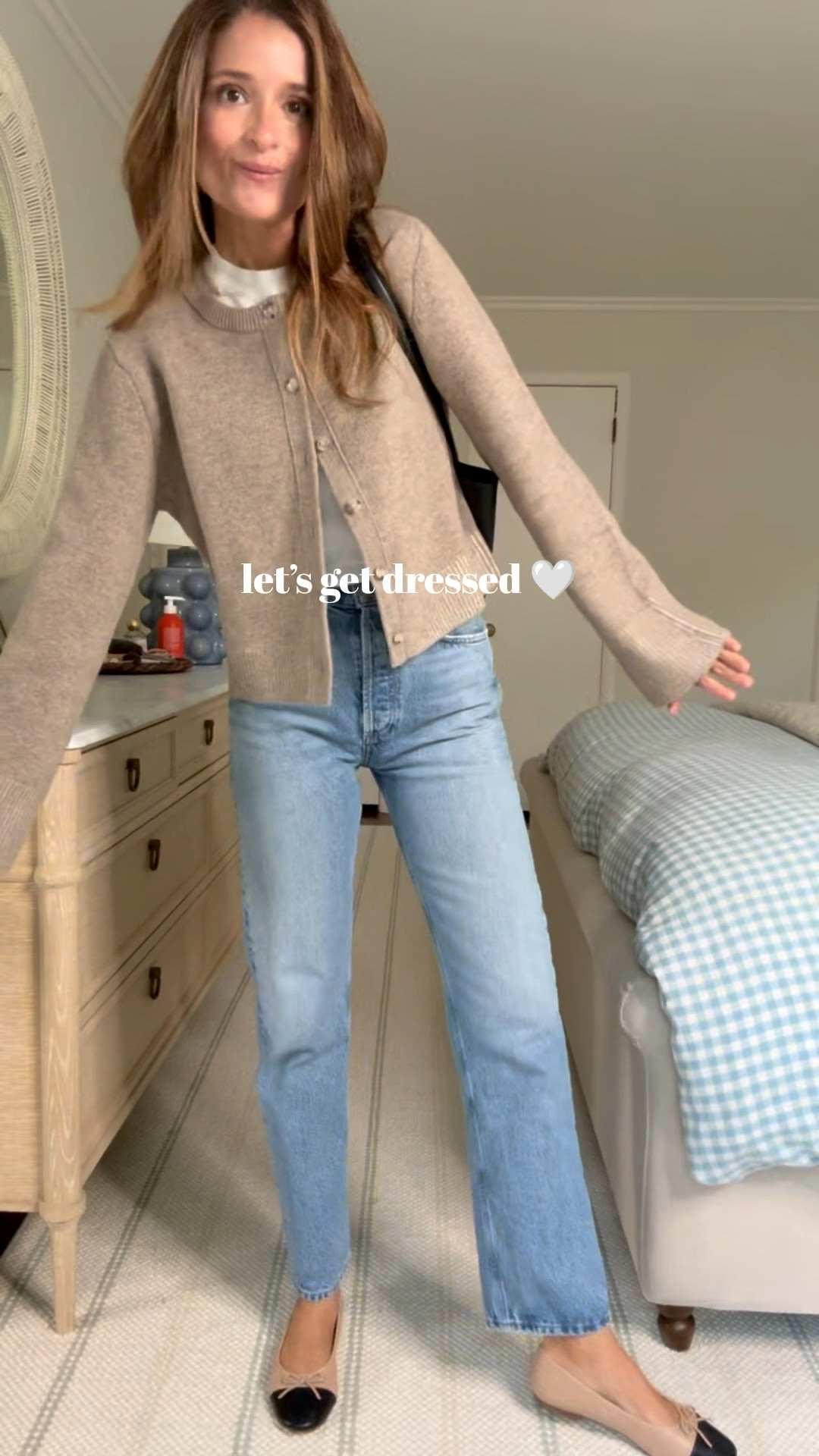 Happy Friday, friends! Had a surprise guest today 🥰

💫  &OTHERSTORIES Cropped Boxy Cardigan is the perfect light layer as we transition into fall 🍂 — cozy but not bulky and the bell sleeves are giving Khaite without the price tag. Cute with jeans, or layer over your favorite skirts & dresses to bring them with you into fall. • AGOLDE 90’s jeans. My year-round staples with that lived-in vintage vibe — high rise, straight leg, so flattering and leg-lengthening. • J. Crew Berkeley leather tote • J. Crew Factory ballet flats are great shoes (friendly psa: 58% off today, so under $50). Bag and shoes are favorites from last season that I still look forward to wearing 🖤

Throw on a little wrist bling and my favorite sunnies and you’re ready to go! 

Sizing notes: jeans run tts, in a 25. If between, size up. Cardigan: sized down to an XS. Tee: in a small - one of my all time favorite white tees.

Have a great Friday all!
Xx Meg 

#LTKStyleTip #LTKSeasonal #LTKFindsUnder50