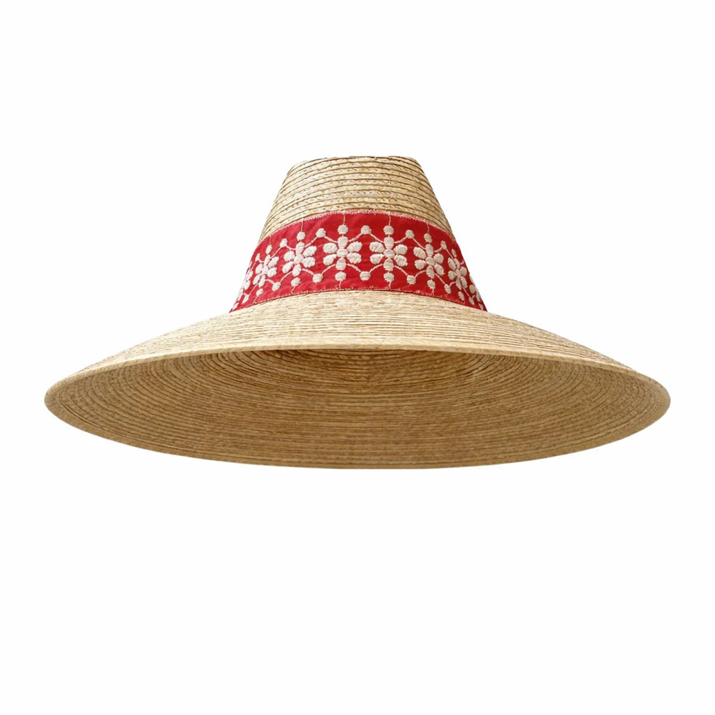 Hollyhock Sun Hat in Vintage Red with White Embroidered Ribbon | Over The Moon