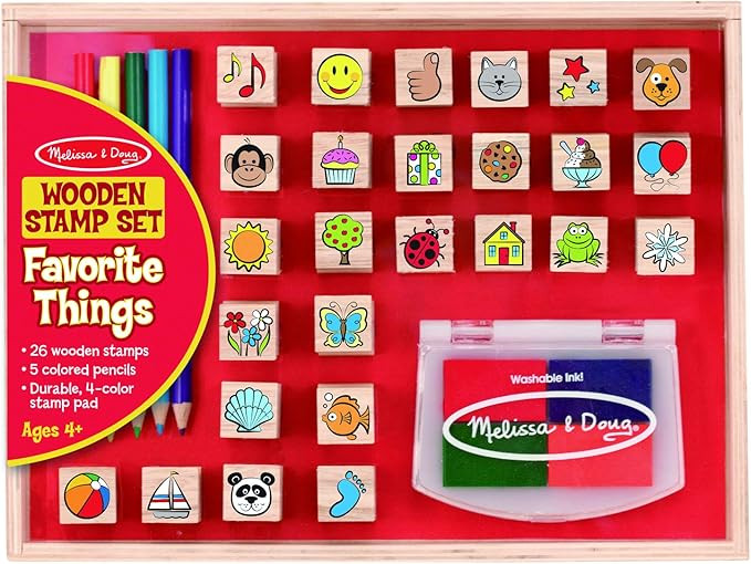 Melissa & Doug Wooden Stamp Set, Favorite Things - 26 Stamps, 4-Color Stamp Pad With Washable Ink... | Amazon (US)