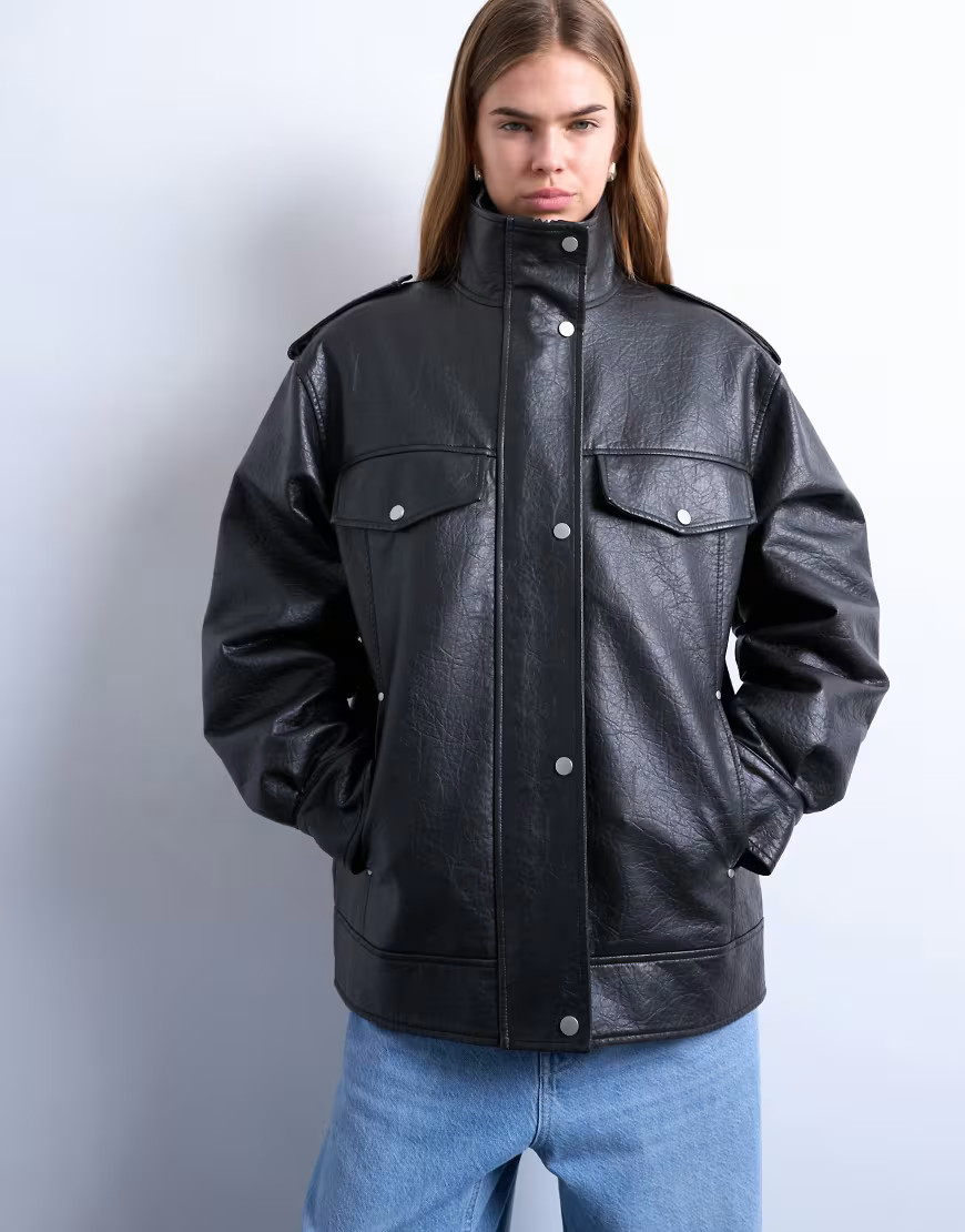 Topshop leather look oversized funnel neck zip through jacket in black | ASOS (Global)