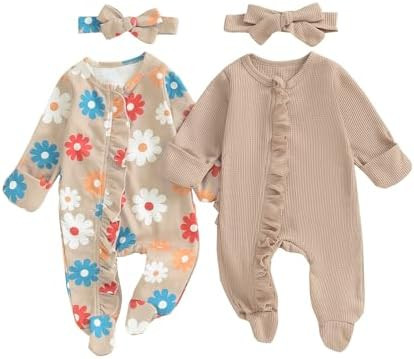Baby Girl Footies Newborn Zipper Sleeper 2 Pack Ruffle Pajamas Romper Coming Home Outfit | Amazon (US)