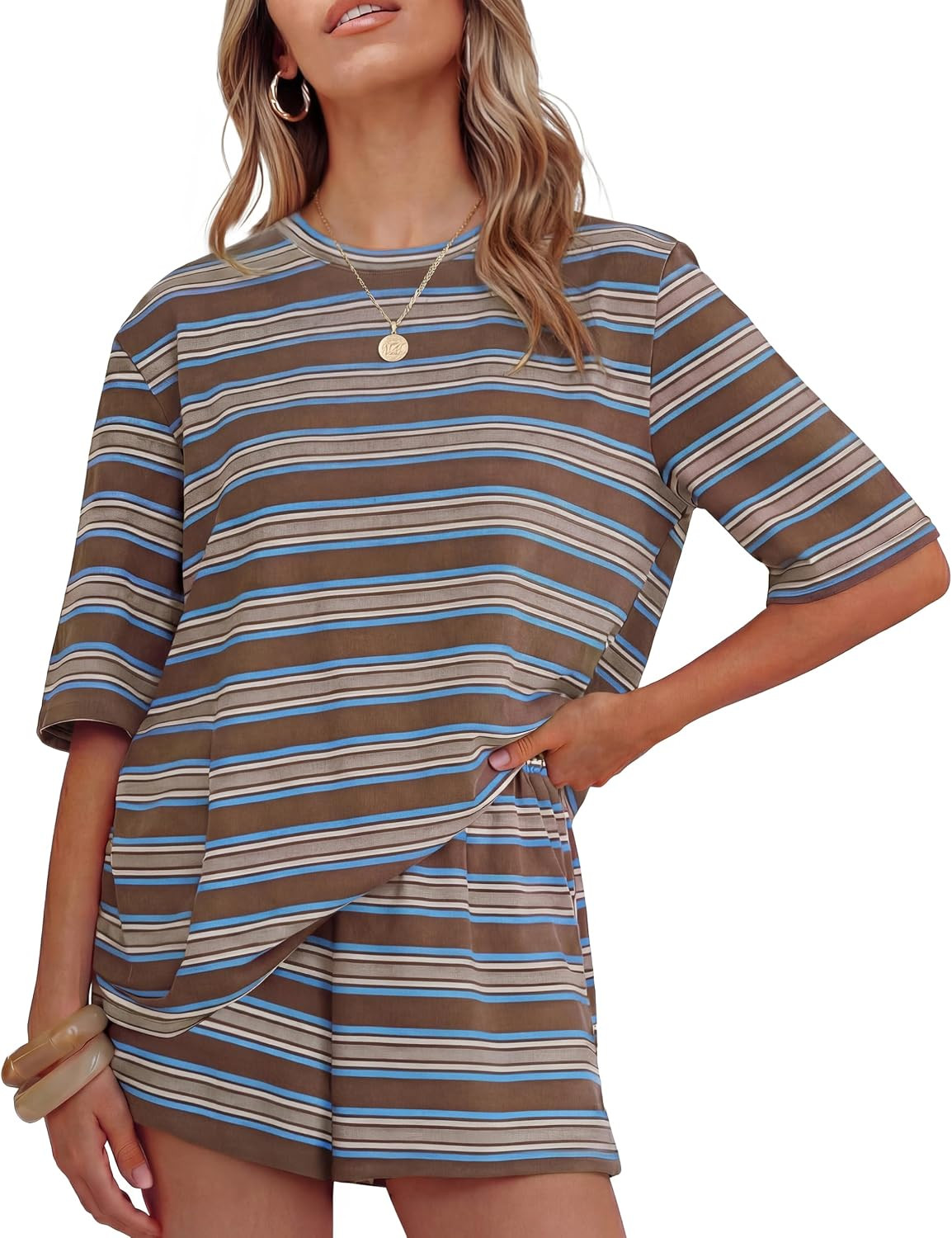 ZESICA Womens Summer 2 Piece Stripe Short Sets Lounge Workout Beach Outfits | Amazon (US)
