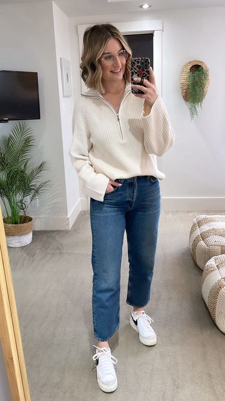 Pairing budget friendly items with splurge items. 
I will splurge on great denim and these Agolde jeans were worth every penny! 

Half zip, sweater, denim, sneakers 


#LTKstyletip #LTKshoecrush #LTKover40