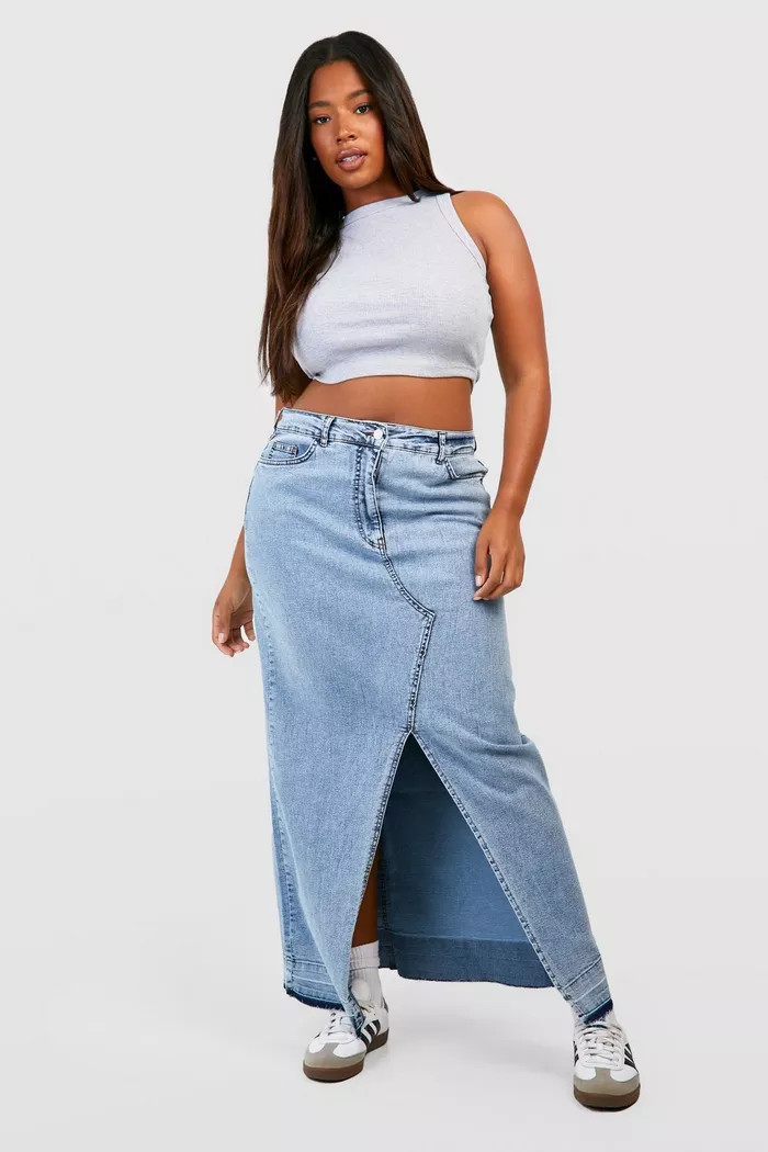 Plus High Waisted Split Front Denim Maxi Skirt | boohoo (US & Canada)