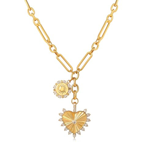 zocare Sun Heart Charms Necklace Chunky Gold Necklace Heart Pendent Necklace for Women 18K Gold Plated Choker Necklace Aesthetic Jewelry Hip Hop Unisex Necklace Gold Statement Necklace Big Heart | Amazon (US)