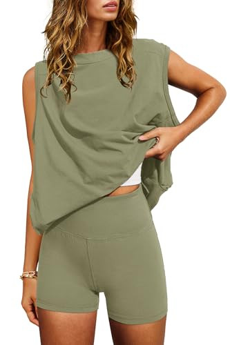 Nirovien Women 2 Piece Outfits Workout Sets Summer Matching Lounge Set Tunic Tops and Biker Short Sets(Gray Green,M) | Amazon (US)
