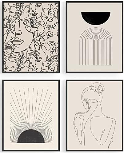 Minimalist Boho Wall Art Prints, Abstract Wall Art Black Beige Sunrise Women Line Wall Decor, Mid... | Amazon (US)