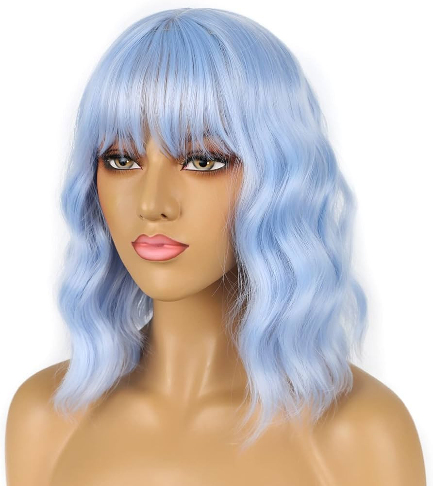Short Bob Wigs with Bangs for Women Loose Wavy Wig Curly Wavy Shoulder Length Bob Synthetic Cospl... | Amazon (US)