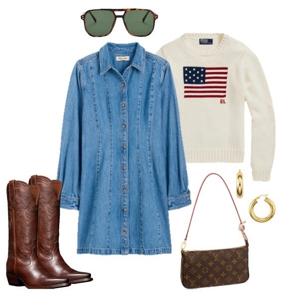 Preppy fall outfit 
Pumpkin patch outfit 
Apple picking outfit 
Denim dress 
Cowboy boots 
American flag sweater 

#LTKFindsUnder100 #LTKStyleTip #LTKSeasonal