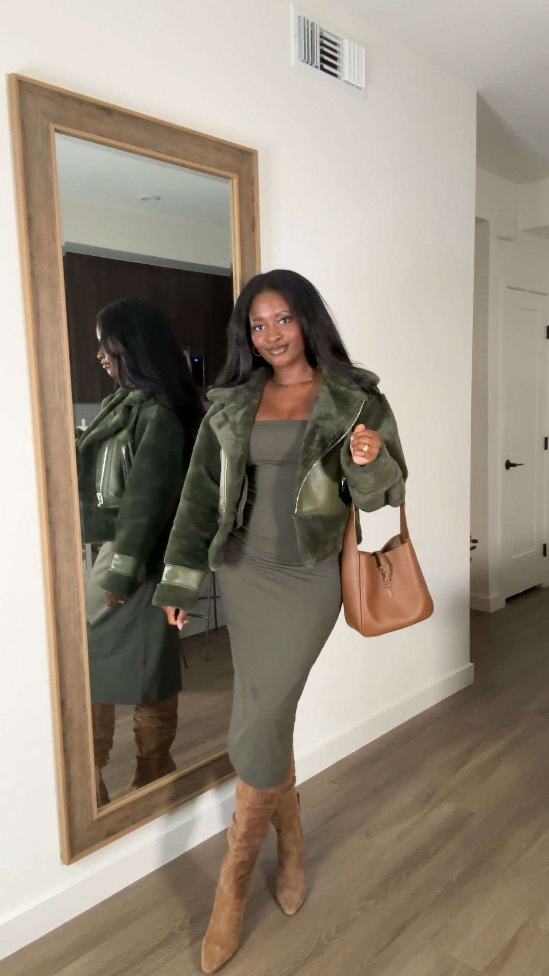 Green monochromatic look! Fur jacket, ysl hobo bag, tan slouchy boots, tube dress 

#LTKsalealert #LTKstyletip