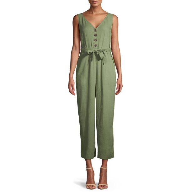 Time and Tru Women's Sleeveless Linen Jumpsuit with Tie Belt | Walmart (US)