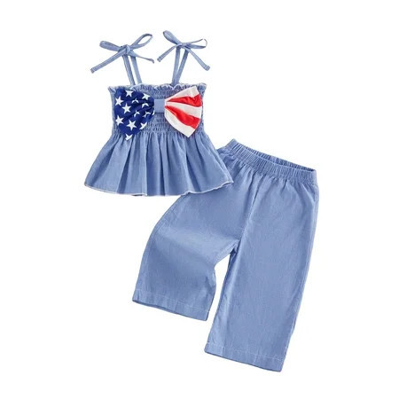 Loicainy Baby Toddler Kids Girl 4th of July Clothes 6 9 12 18 24 Months 2T 3T 4T 5T 6T Star Striped Bow Tie Shoulder Smocked Babydoll Tops and Wide Leg Pants 2 Piece Plaid Summer Outfits Set | Walmart (US)