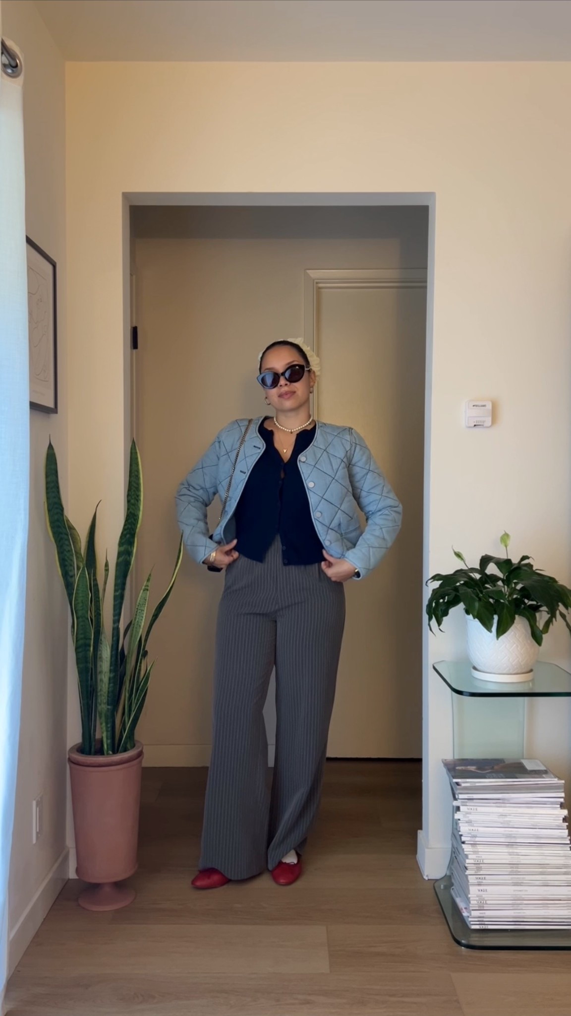 what I wore to brunch with the girls! 🤍 love a quilted denim jacket, and felt very cute pairing it with my cardigan, pinstripe pants and red ballet flats 

#LTKdayinmylife #LTKFindsUnder100 #LTKootd