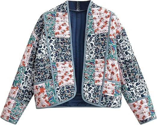 Wyeysyt Women's Cropped Puffer Quilted Jacket Cardigan Floral Printed Lightweight Long Sleeve Ope... | Amazon (US)