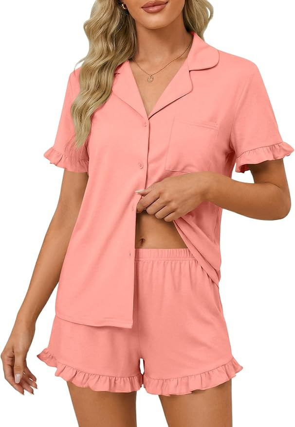 LYANER Women's Pajamas Set Button Down V Neck Short Sleeve Ruffle Pjs Top with Shorts Sleepwear | Amazon (US)