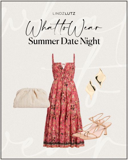 What To Wear: Summer Date Night | pink floral midi dress, gold earrings, raffia clutch, tan heels with a gold accent

#LTKStyleTip
