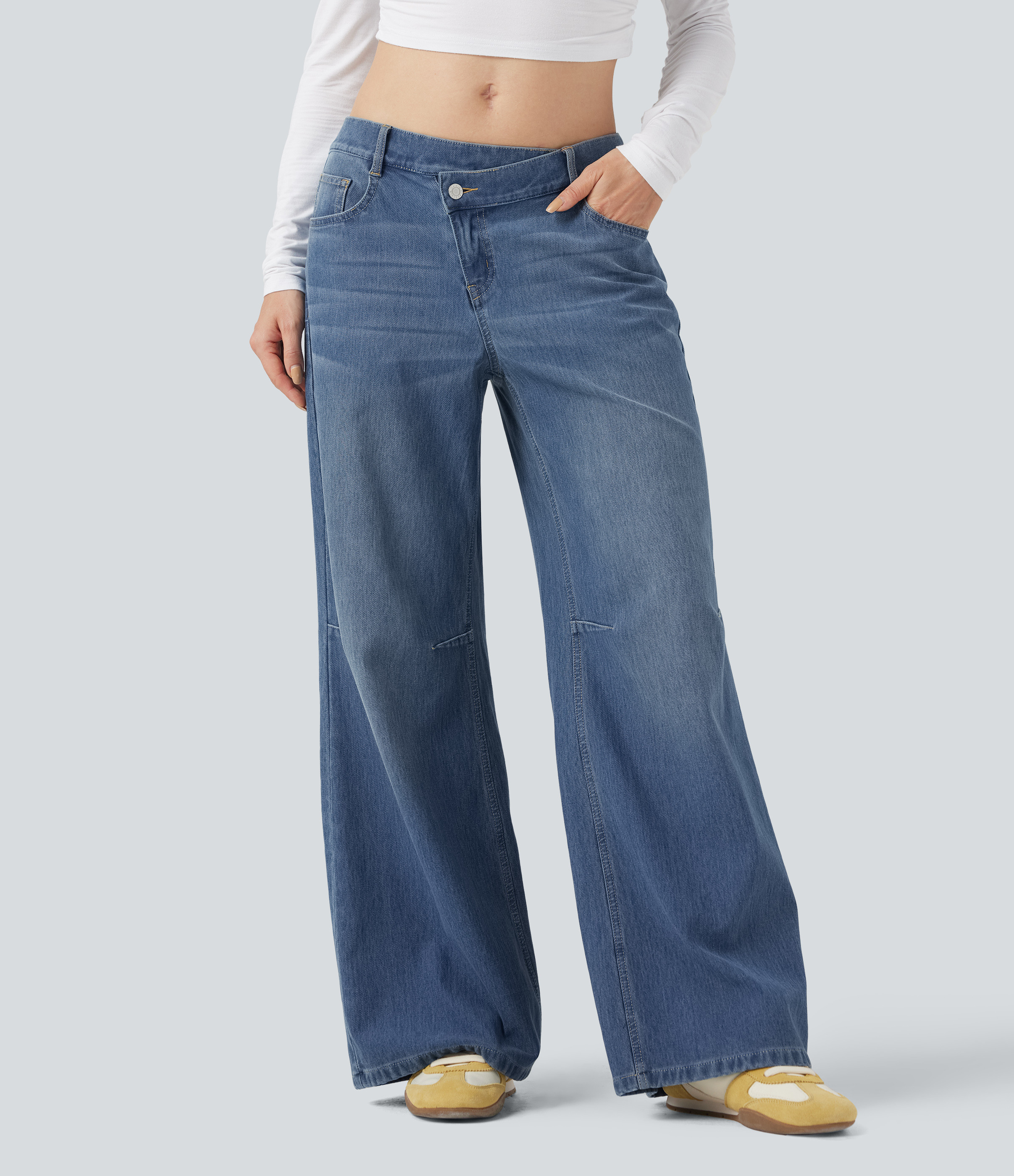 Halara Halara Flex™ Low Rise Asymmetric Waist Casual Baggy Jeans with Pockets - Blue Jasper Denim - S(regular) | HALARA