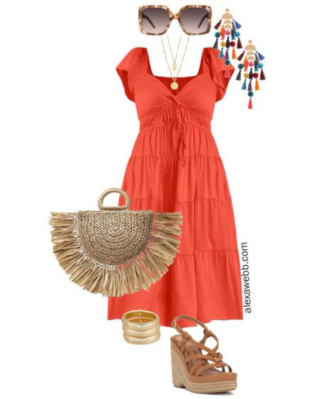 Plus Size Summer Dresses 1 - An easy casual summer outfit with a red-orange dress, statement earrings, and a raffia clutch. Alexa Webb

#LTKPlusSize #LTKSeasonal #LTKStyleTip