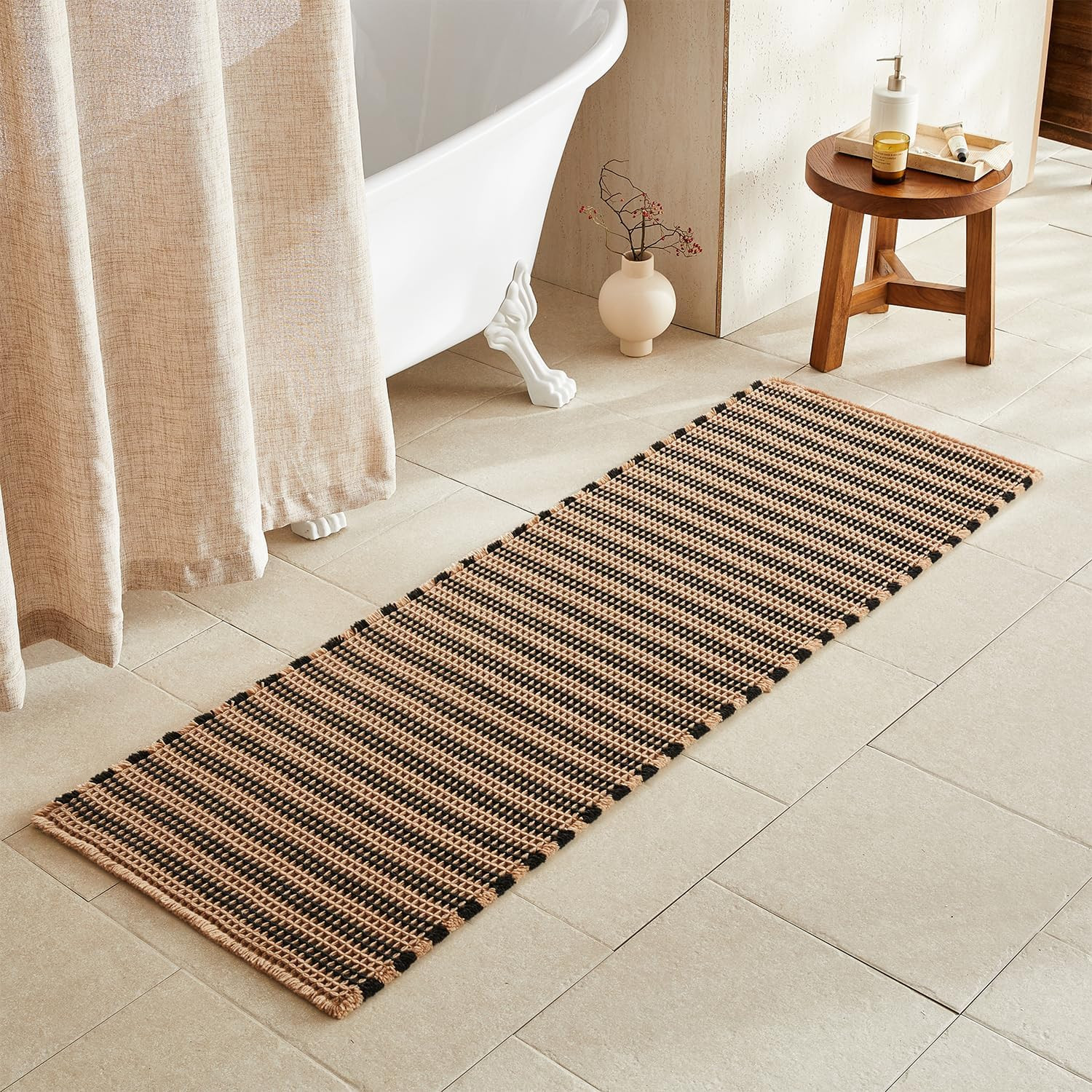 TYUU Waffle Runner Rug Bathroom, Long Boho Bath Mat, 72x24 Black & Khaki | Amazon (US)