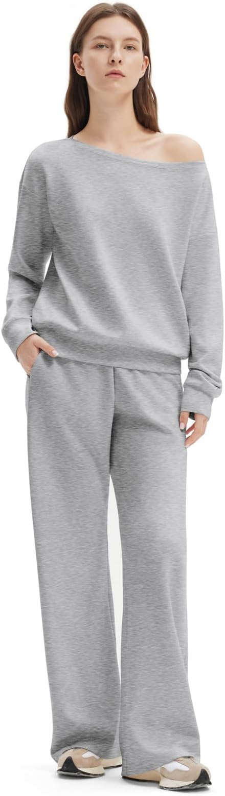 SUUKSESS Women 2 Piece Lounge Matching Set Off Shoulder Sweatshirt Wide Leg Sweatpant | Amazon (US)