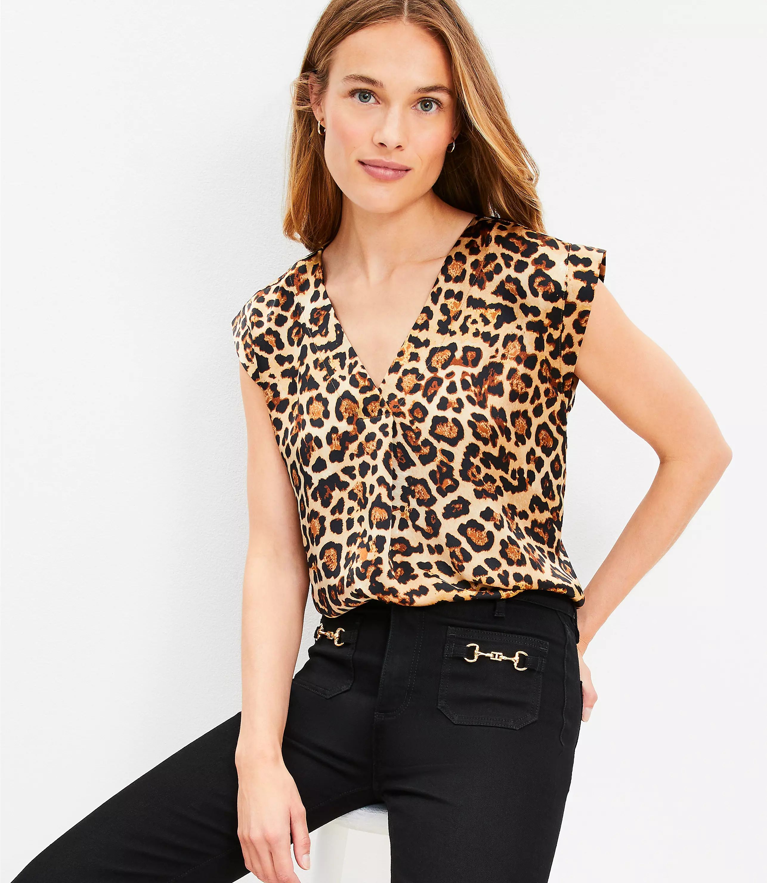 Leopard Print Satin Cap Sleeve V-Neck Top | LOFT