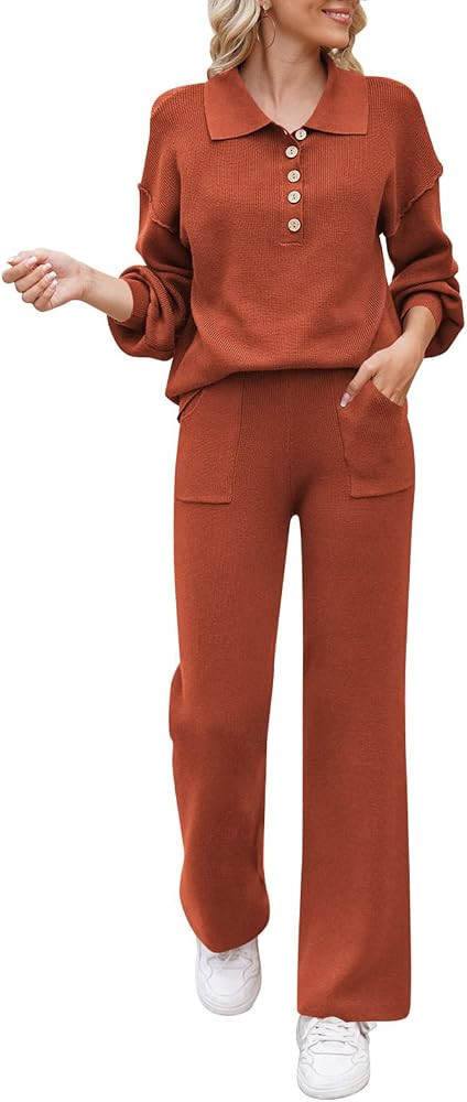TOLENY Women 2 Piece Lounge Outfits Set Half Button Sweater Wide Leg Pant Loungewear Tracksuit | Amazon (US)