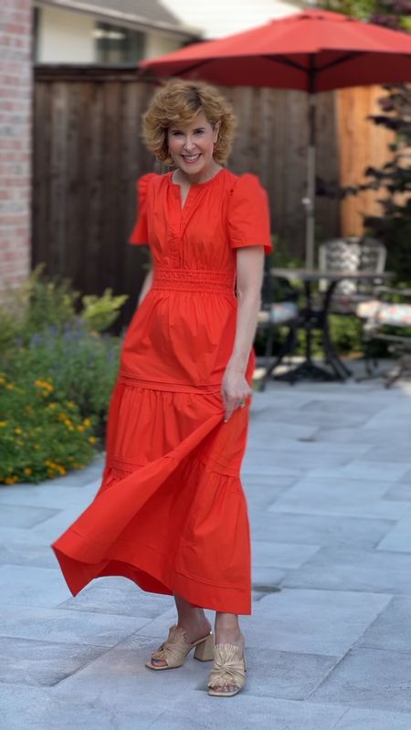 This orange maxi dress also comes as a black maxi dress! It's well-made and fits TTS.
I paired it with raffia mules with block heels and a fun pair of earrings (lobsters)!

#LTKshoecrush #LTKstyletip #LTKSeasonal