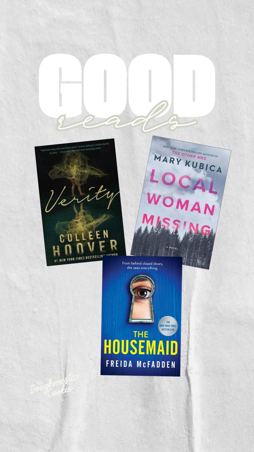 Where are my readers at?!

I may not get a lot of time to take on a good read these days but when I do it fills my cup. I’m a lover of thrillers. Verity has been one of my favorite books and I enjoyed Local woman missing. I’m currently reading The housemaid and loving Freida’s style. If you’re looking for a new book and haven’t read any of these, give them a try!

#books #goodread #thriller #read 

#LTKHome #LTKFindsUnder50