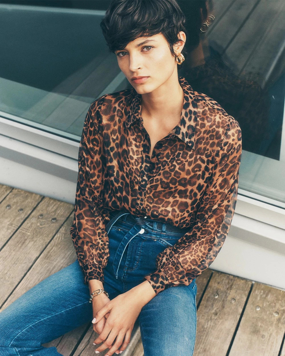 Women's Leopard Print Lurex Shirt in Signature Leopardvachetta size XXS | White House Black Market | White House Black Market