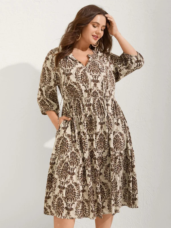 Damask Print Tie Knot Puff Sleeve Dress | Bloomchic