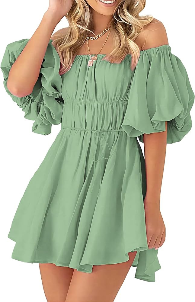 PRETTYGARDEN Women's Off The Shoulder Babydoll Dress Short Puff Sleeve Casual A Line Ruffle Summe... | Amazon (US)