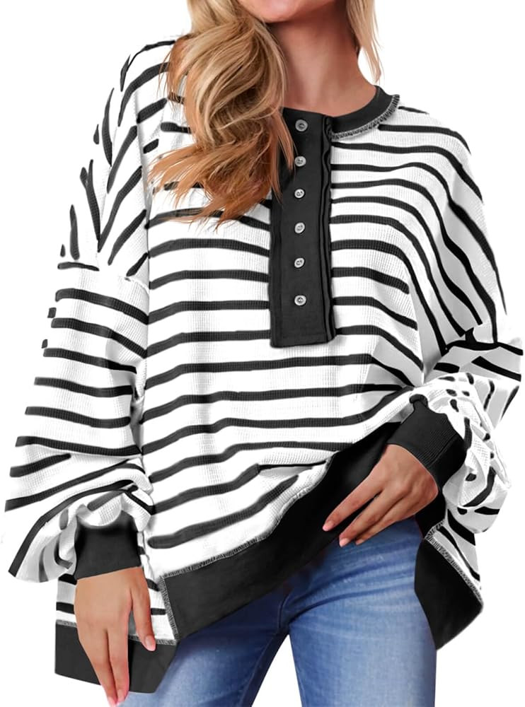 Tankaneo Womens Oversized Striped Sweatshirts Henley Shirts Color Block Casual Pullover Waffle Kn... | Amazon (US)
