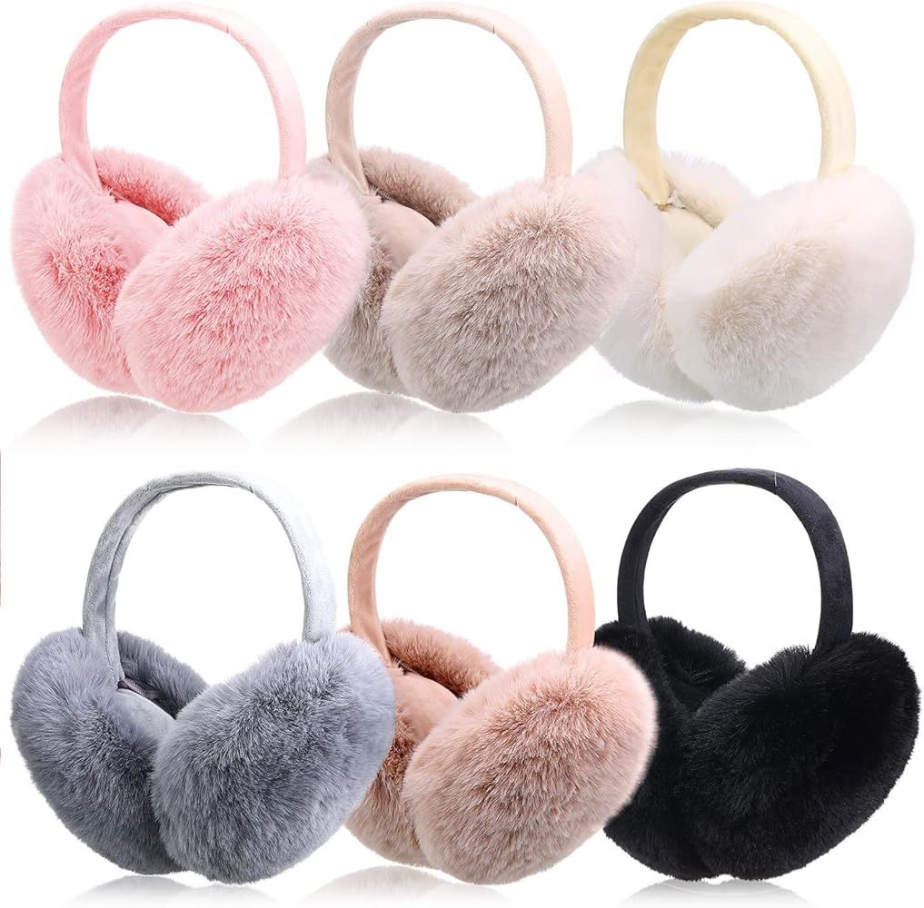 6 Pcs Winter Ear muffs Fluffy Faux Fur Warm Earmuffs Fuzzy Foldable Women's Earmuffs Cute Adjusta... | Amazon (US)