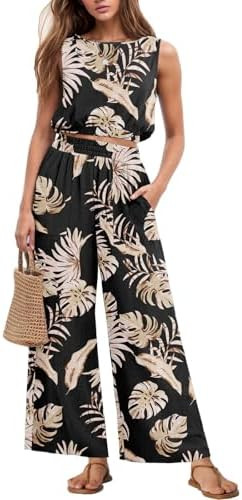 GRECERELLE Two Piece Sets for Women Sleeveless Crop Top Wide Leg Pants Sweat Set for Women Tracks... | Amazon (US)