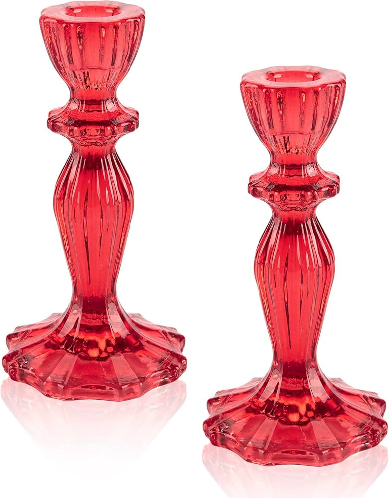 Glass Candle Holders, 2PCS Wide Base Candlestick Holder Decorative Candle Stand Table Centerpiece... | Amazon (US)