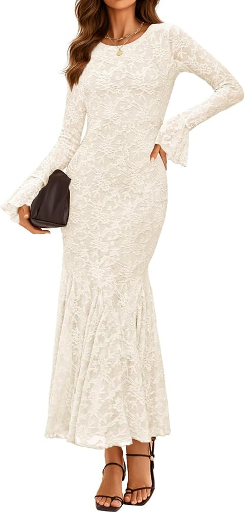 ZESICA Women's Long Sleeve Bodycon Maxi Dress 2025 Fall Fashion Floral Sexy Mermaid Wedding Guest... | Amazon (US)