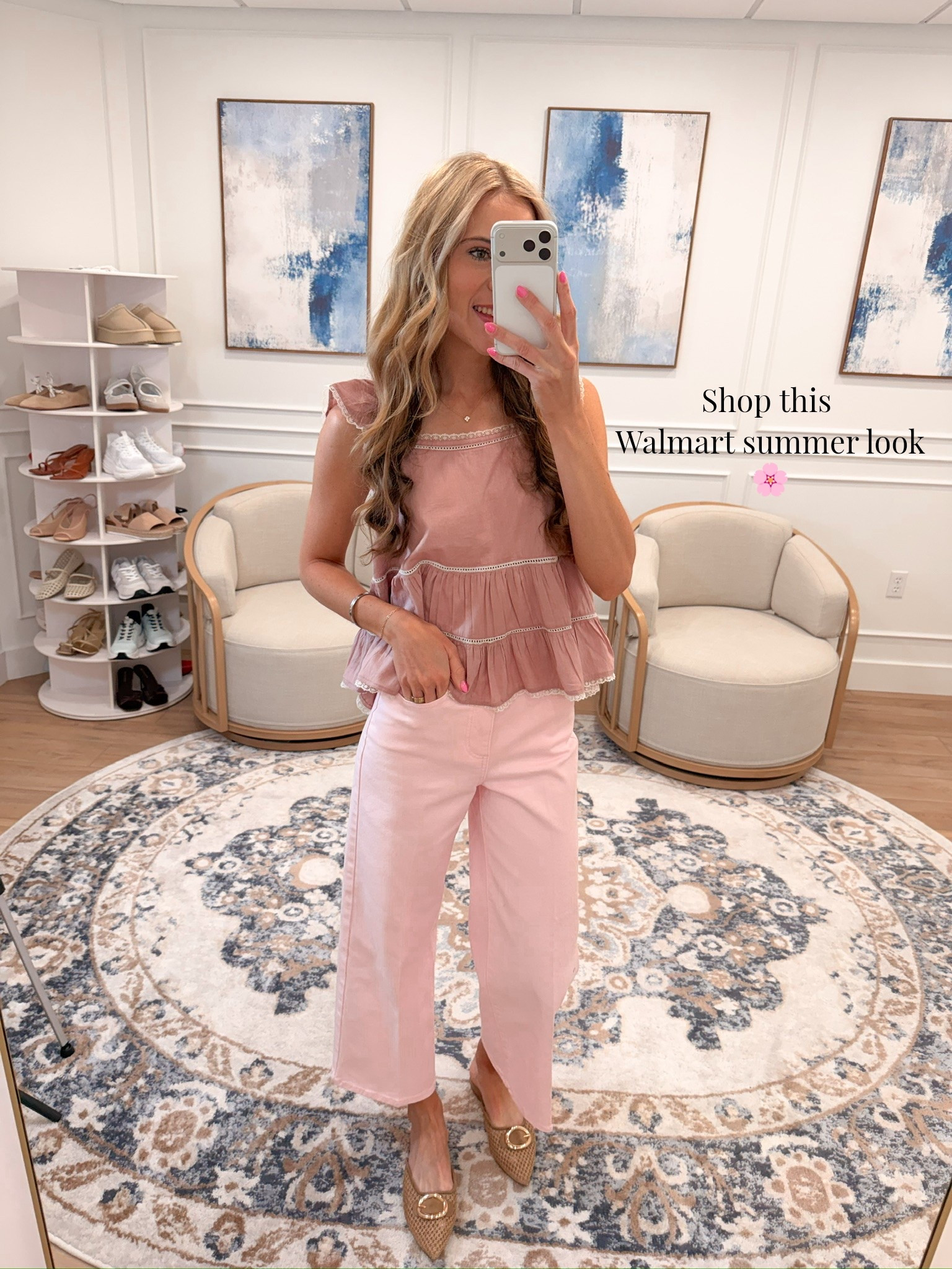 @Walmart new arrivals are so good right now and this all-pink moment has my whole heart 🌸🤍✨ This dusty rose ruffled lace-trim peplum top paired with wide-leg pink crop jeans is the cutest combo — finished with gold-hardware pointed flats and everything is linked right here for you!

#LTKdayinmylife #LTKgrwm #LTKootd