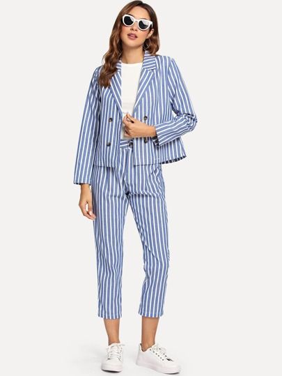 Striped Double Button Blazers With Pants | SHEIN