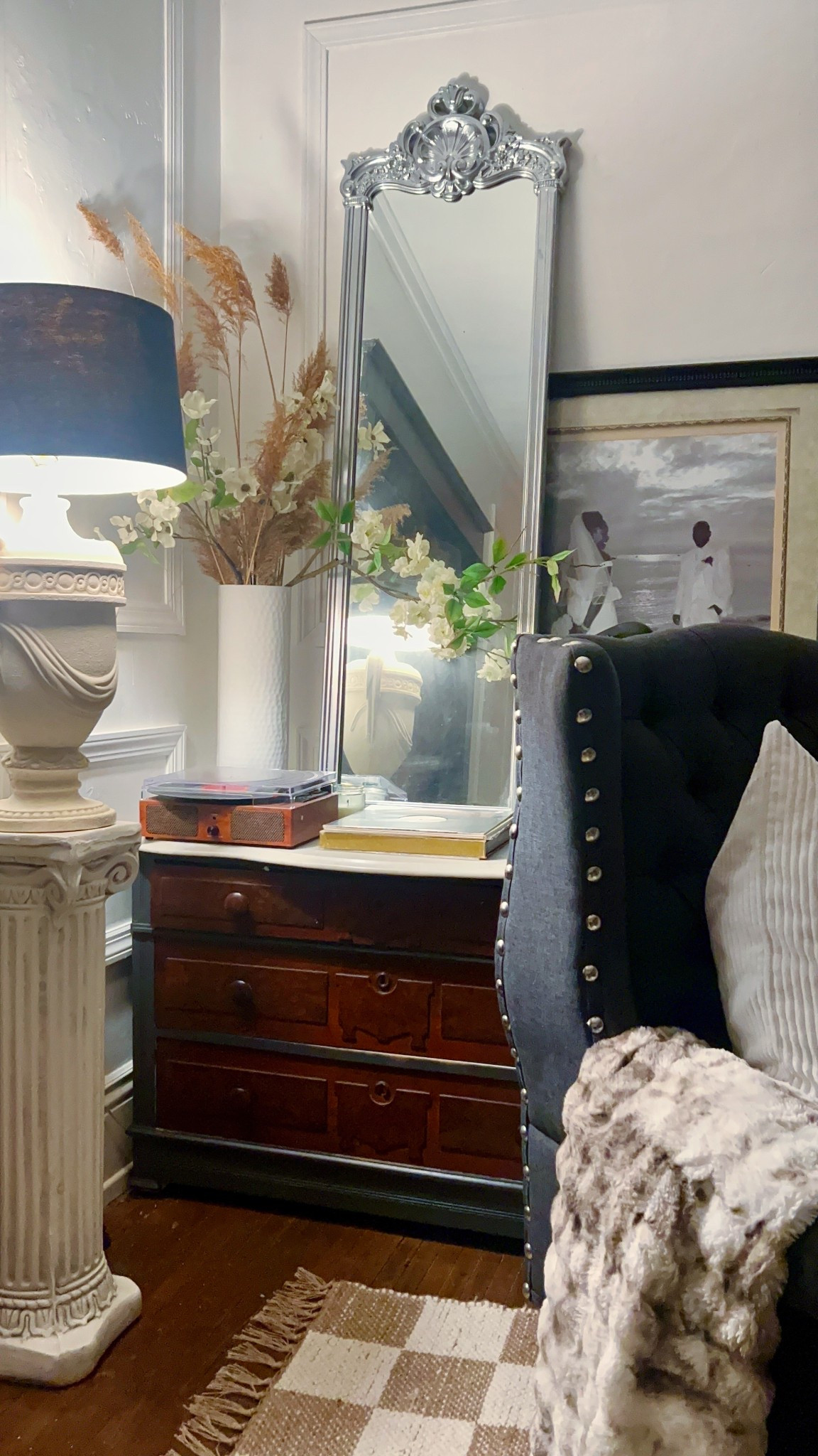 Just a touch of SPRING 😊. Lamp, pedestal, mirror and cabinet were all VINTAE FINDS! Subscribe to my YouTube channel here @athomewithnissy 

#LTKdayinmylife #LTKHome #LTKWedding